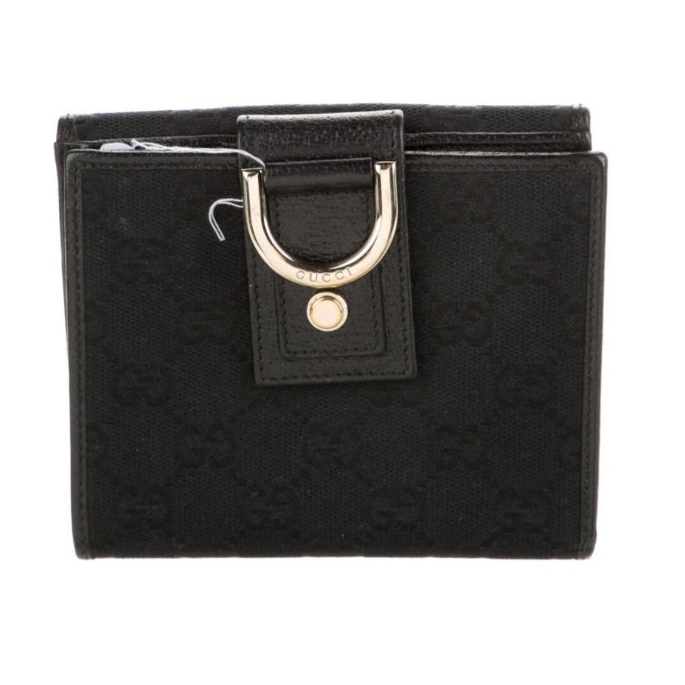 Gucci GG Black Canvas Compact Wallet Leather Lined Gucci D-Ring Gold Hardware